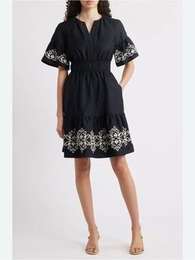 Vince Camuto Embroidered Fit & Flare Dress In Black Size 8 Boho Chic $168 NWT